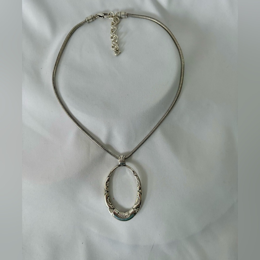 Brighton Reversible Oval Crystal | Etched Necklace Silver Plated 16-18” EUC - Picture 2 of 6